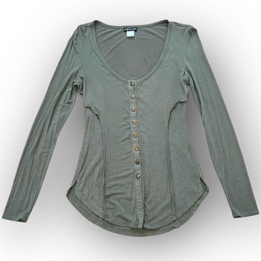 Venus Deconstructed Exposed Contour Seams Long Sleeve Moss Green Top Women’s XS